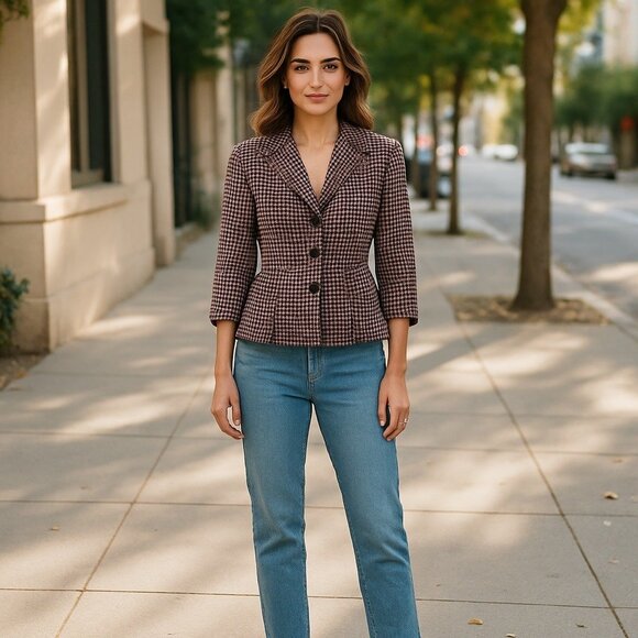 Joan Rivers Pink & Black Houndstooth Stretch Blazert SZ Small Career Preppy - Picture 3 of 8